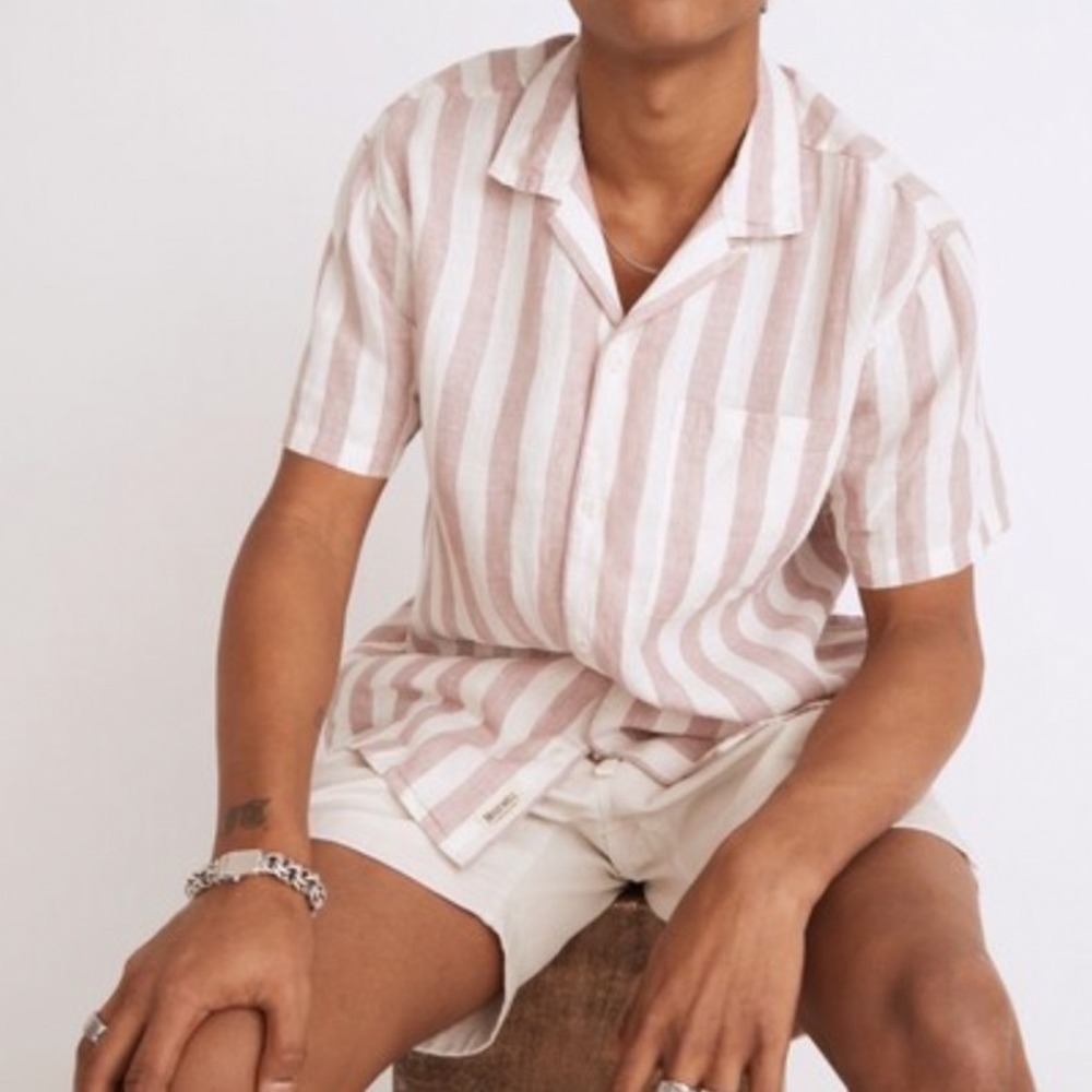 Madewell Mens XL Linen Easy Fit Pink White Striped Short Sleeve Shirt